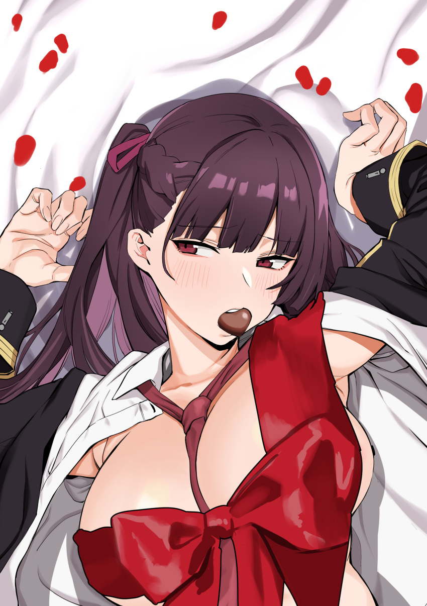 1girl absurdres bangs banssee bed_sheet blush bound braid breasts candy chocolate chocolate_heart eyebrows_visible_through_hair food girls_frontline hand_up heart highres jacket large_breasts necktie one_side_up open_clothes open_jacket open_mouth petals red_eyes ribbon ribbon_bondage solo tied_hair valentine wa2000_(girls_frontline)