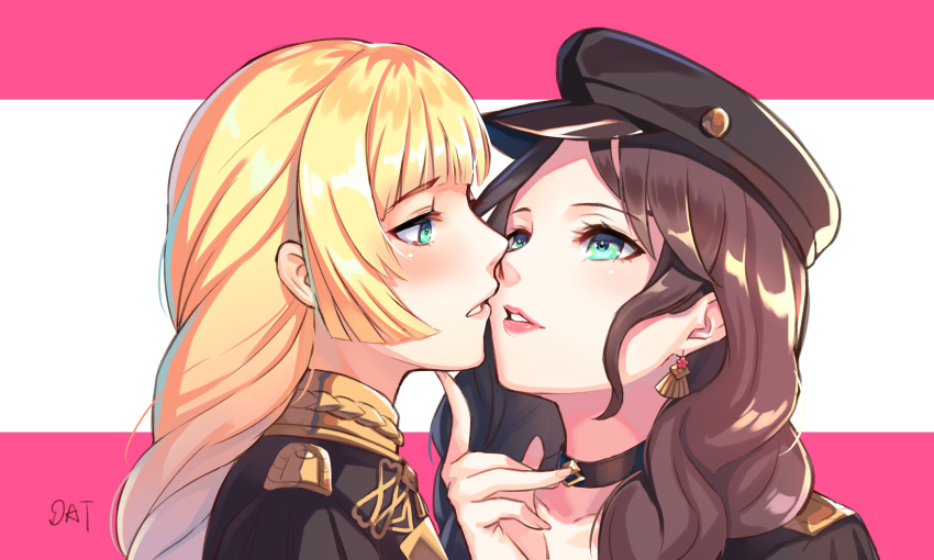 2girls artist_name bangs black_choker black_headwear blonde_hair blush brown_hair cabbie_hat chinese_commentary choker commentary_request da-cart dorothea_arnault earrings eyebrows_visible_through_hair finger_to_another's_chin fire_emblem fire_emblem:_three_houses from_side garreg_mach_monastery_uniform green_eyes hat highres imminent_kiss index_finger_raised ingrid_brandl_galatea jewelry long_hair multiple_girls parted_lips pink_background portrait profile signature simple_background two-tone_background uniform white_background yuri