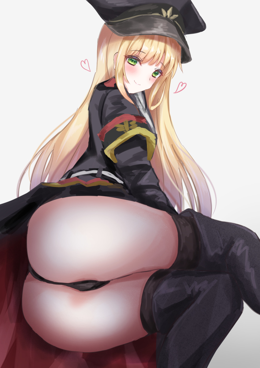 1girl absurdres ass black_footwear black_headwear black_panties blonde_hair blush boots closed_mouth eyebrows_visible_through_hair girls_frontline green_eyes hat heart heart_print highres long_hair looking_at_viewer martinreaction military military_hat military_uniform panties sitting smile solo stg44_(girls_frontline) thigh-highs thigh_boots thighs underwear uniform white_background