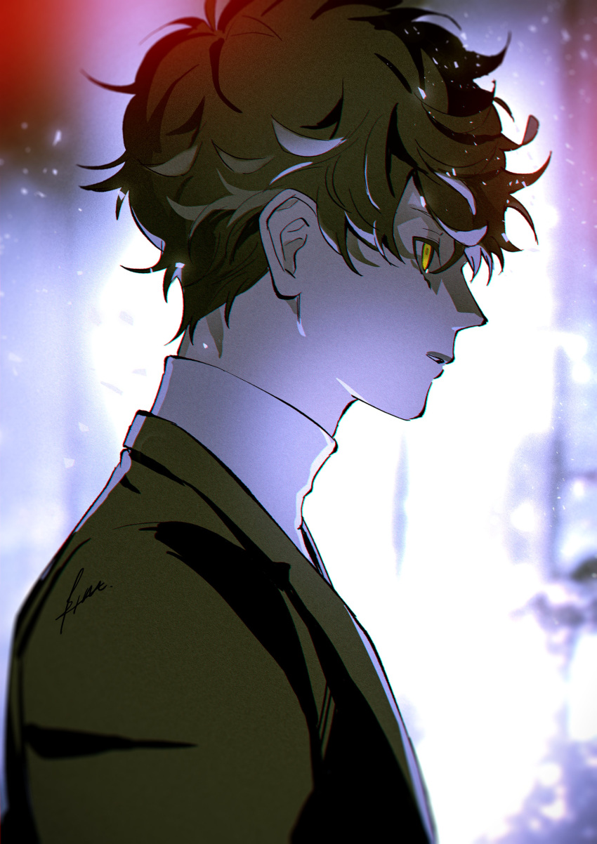 1boy absurdres amamiya_ren bangs black_hair black_jacket btmr_game from_side hair_between_eyes highres jacket male_focus parted_lips persona persona_5 profile signature solo upper_body yellow_eyes