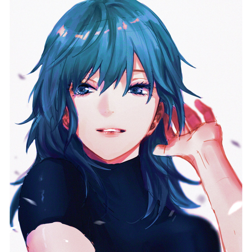 1girl bangs black_shirt blue_eyes blue_hair border byleth_(fire_emblem) byleth_eisner_(female) fire_emblem fire_emblem:_three_houses grey_background grin hair_between_eyes hand_in_hair highres hot_dog_fe long_hair looking_at_viewer parted_lips pillarboxed portrait shiny shiny_hair shirt short_sleeves sketch smile solo white_border