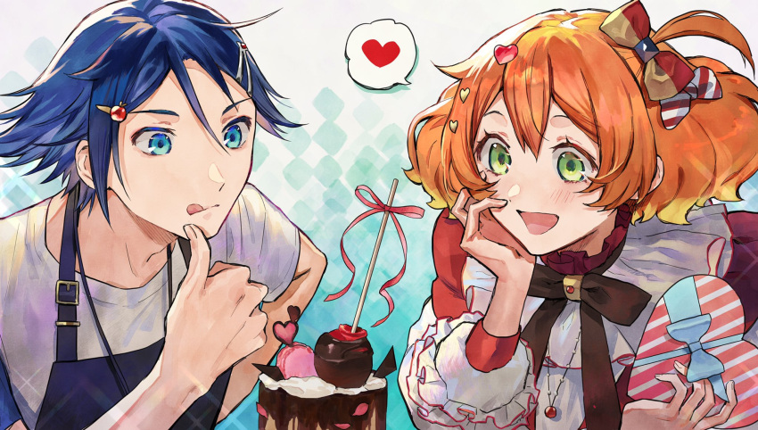 1boy 1girl alternate_costume apron blue_bow blue_eyes blue_hair blush bow box cake candy candy_apple chocolate chocolate_heart food freyja_wion frills hair_bow hair_ornament hand_on_own_cheek hand_on_own_face hayate_immelmann heart heart_hair_ornament highres holding holding_box licking_lips macross macross_delta open_mouth orange_hair pote-mm side_ponytail smile speech_bubble spoken_heart tongue tongue_out valentine