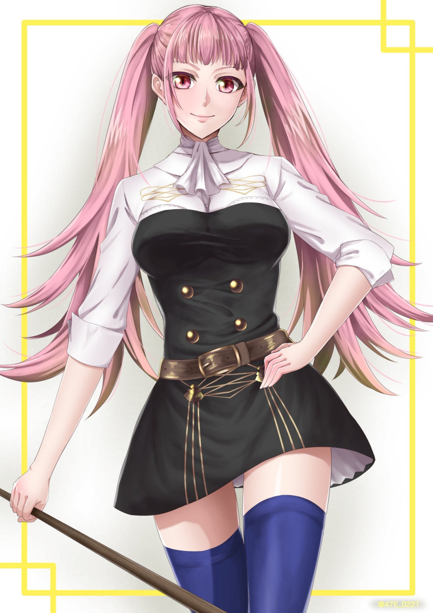 1girl belt belt_buckle black_dress blue_legwear brown_belt buckle closed_mouth cowboy_shot dress fire_emblem fire_emblem:_three_houses floating_hair hand_on_hip highres hilda_valentine_goneril holding long_hair looking_at_viewer pinafore_dress pink_eyes pink_hair shinae shiny shiny_hair shiny_skin shirt short_dress short_sleeves smile solo standing thigh-highs thigh_gap twintails very_long_hair white_neckwear white_shirt zettai_ryouiki