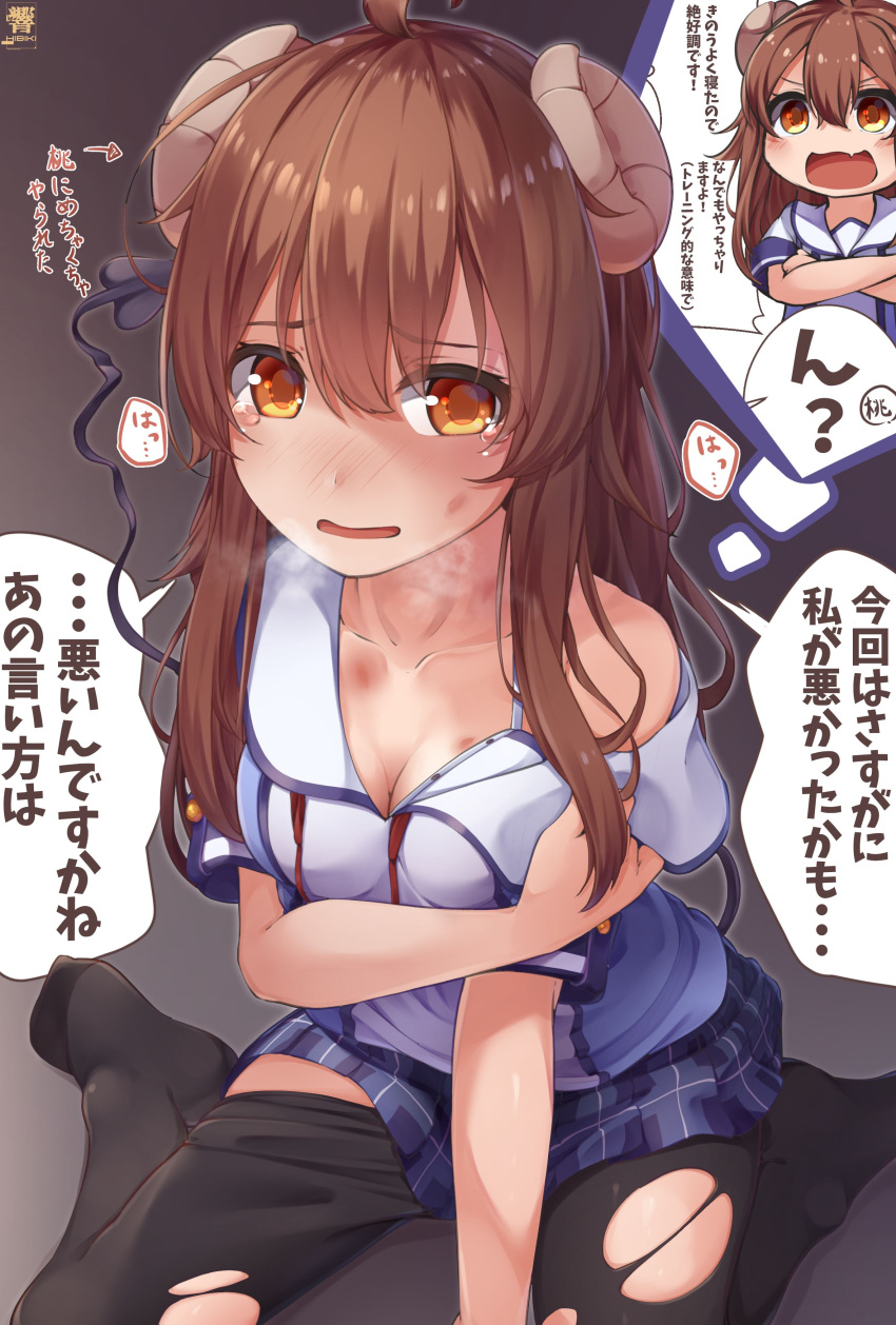 1girl absurdres blue_skirt breasts brown_eyes brown_hair collarbone curled_horns demon_girl demon_horns demon_tail expressive_tail hibiki_zerocodo highres horns machikado_mazoku medium_breasts miniskirt plaid plaid_skirt short_sleeves skirt speech_bubble tail torn_clothes torn_legwear translation_request yoshida_yuuko_(machikado_mazoku)