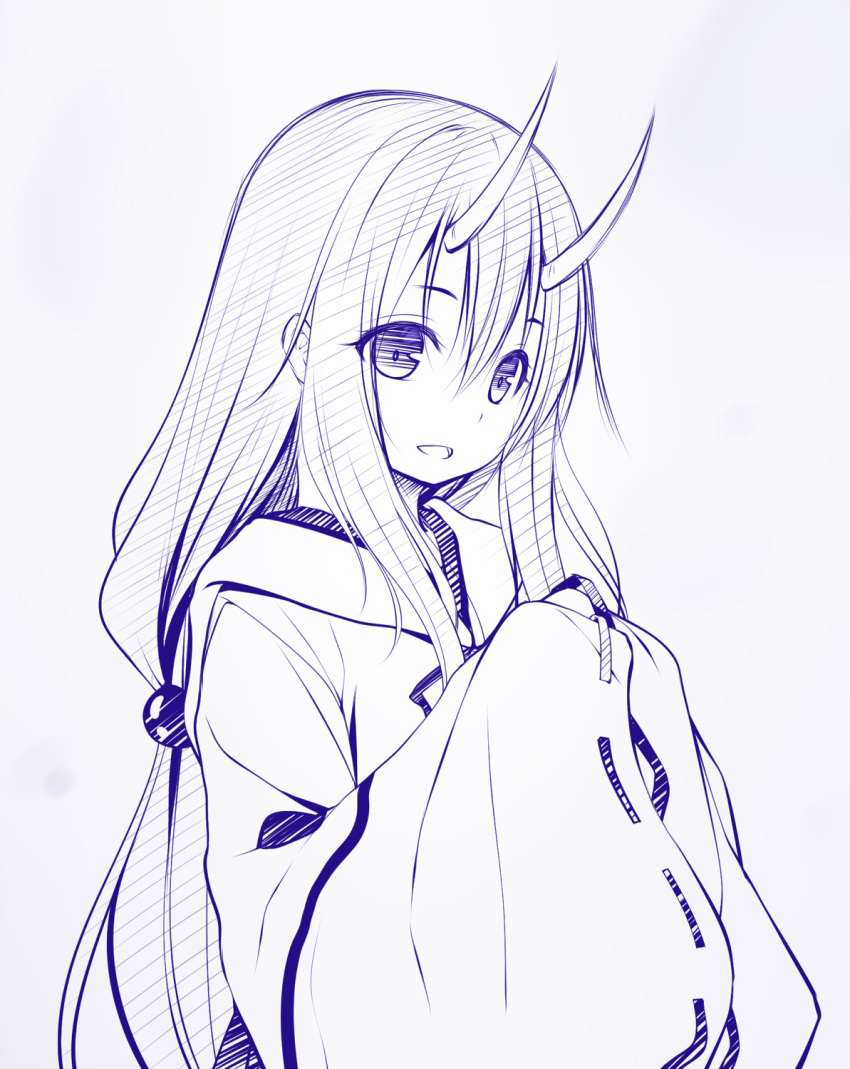 1girl bangs commentary_request grey_background hair_between_eyes hands_up haryuu_(poetto) highres horns japanese_clothes kimono long_hair long_sleeves looking_at_viewer monochrome oni oni_horns open_mouth ribbon-trimmed_sleeves ribbon_trim shuna_(tensei_shitara_slime_datta_ken) simple_background sleeves_past_fingers sleeves_past_wrists smile solo tensei_shitara_slime_datta_ken upper_body very_long_hair wide_sleeves