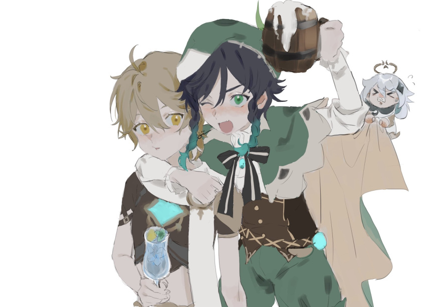&gt;_&lt; 1girl 2boys aether_(genshin_impact) alcohol arm_around_shoulder bangs beer_mug black_hair blonde_hair blush braid clenched_teeth cup fang foam genshin_impact gradient_hair green_eyes green_hair green_headwear hair_ornament halo hat highres holding holding_cup long_sleeves mug multicolored_hair multiple_boys one_eye_closed open_mouth paimon_(genshin_impact) pcrxle scarf short_sleeves side_braids simple_background teeth venti_(genshin_impact) vision_(genshin_impact) white_background white_hair white_scarf yellow_eyes