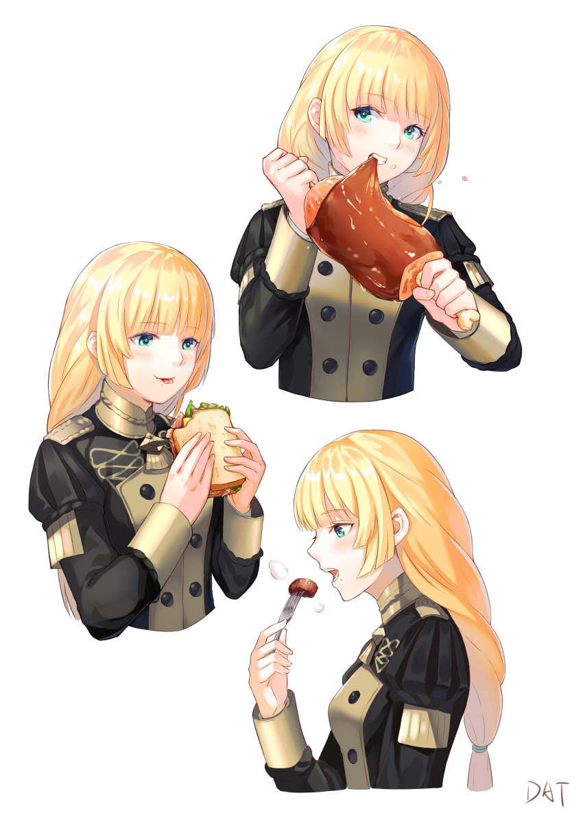 1girl absurdres artist_name bangs black_jacket blonde_hair boned_meat braid braided_ponytail chinese_commentary commentary_request cropped_torso da-cart eating eyebrows_visible_through_hair fire_emblem fire_emblem:_three_houses food fork from_side garreg_mach_monastery_uniform green_eyes highres holding holding_food holding_fork ingrid_brandl_galatea jacket long_hair long_sleeves meat multiple_views open_mouth profile sandwich signature simple_background single_braid smile uniform upper_body white_background