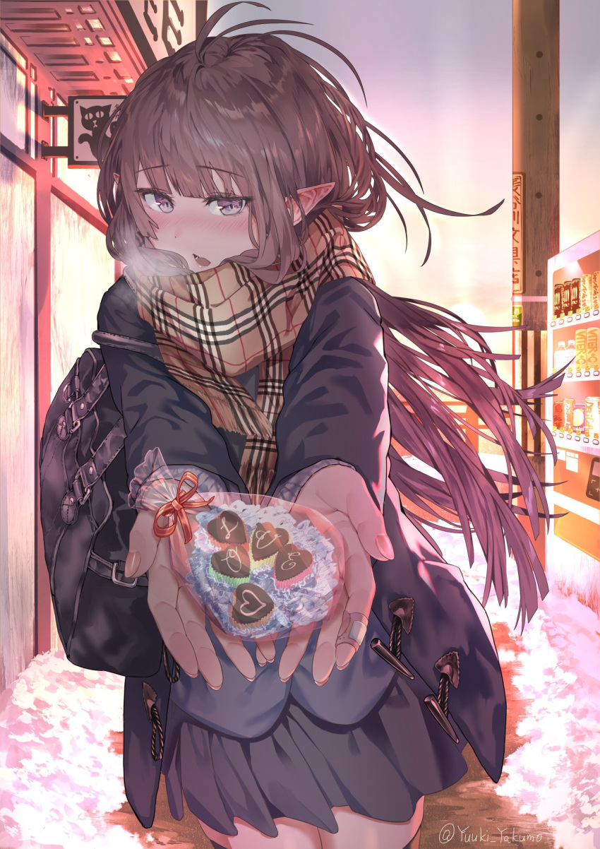 1girl bag bandages bangs blush bow bowtie breath brown_hair candy cat chocolate chocolate_heart eyebrows_visible_through_hair fingernails food heart highres jacket long_hair looking_at_viewer open_mouth original pointy_ears scarf school_uniform signature skirt snow solo solo_focus sunset utility_pole valentine vending_machine violet_eyes yuuki_higumo