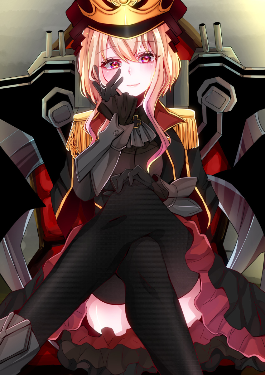 1girl absurdres alternate_costume black_gloves black_headwear black_legwear blonde_hair blue_oath blush closed_mouth cross cross_necklace eyebrows_visible_through_hair gauntlets gloves hand_on_head hand_on_own_knee hat heart heart_print highres iwashi_(wasii_91) jacket jewelry legs long_hair looking_at_viewer necklace pink_background prinz_eugen_(blue_oath) solo_focus thigh-highs uniform violet_eyes
