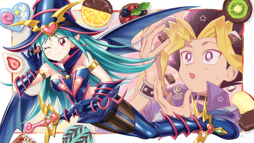 1boy 1girl bangs bare_shoulders boots breasts choco_magician_girl chocolate closed_mouth clothing_cutout commentary_request duel_monster eyelashes garter_straps gloves green_hair hat heart highres holding holding_wand kiwi_slice koma_yoichi long_hair mutou_yuugi navel one_eye_closed pantyhose pointy_ears red_eyes skirt smile star_(symbol) thigh-highs thigh_boots wand wings witch_hat yu-gi-oh!