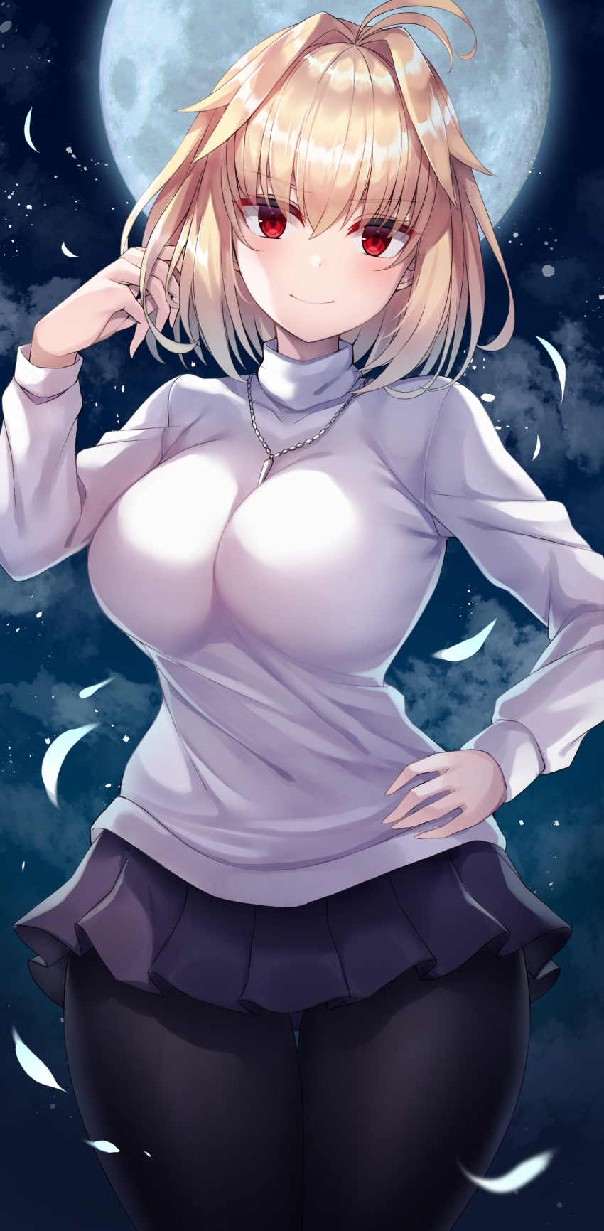 1girl absurdres antenna_hair arcueid_brunestud bangs black_legwear blonde_hair blush breasts closed_mouth eyebrows_visible_through_hair full_moon hair_intakes highres jewelry large_breasts long_sleeves looking_at_viewer moon nano_(syoutamho) necklace night night_sky pantyhose red_eyes short_hair skirt sky smile sweater thighs tsukihime turtleneck turtleneck_sweater white_sweater