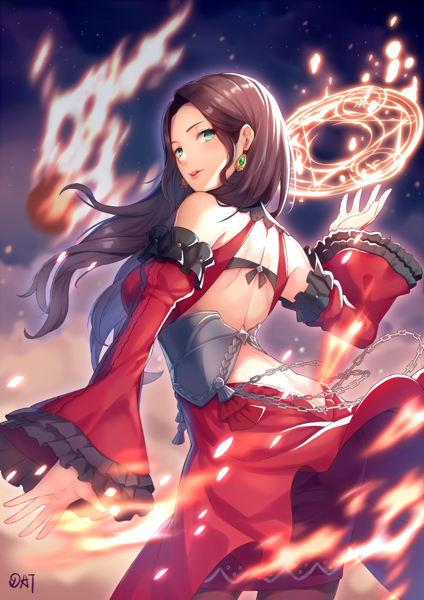 1girl absurdres artist_name ass backless_dress backless_outfit bare_shoulders breasts brown_hair butt_crack chain chinese_commentary commentary_request cowboy_shot da-cart detached_sleeves dorothea_arnault dress earrings fire fire_emblem fire_emblem:_three_houses forehead frilled_sleeves frills from_behind green_eyes highres jewelry large_breasts long_hair long_sleeves looking_at_viewer looking_back magic magic_circle meteor parted_lips red_dress signature solo standing wide_sleeves