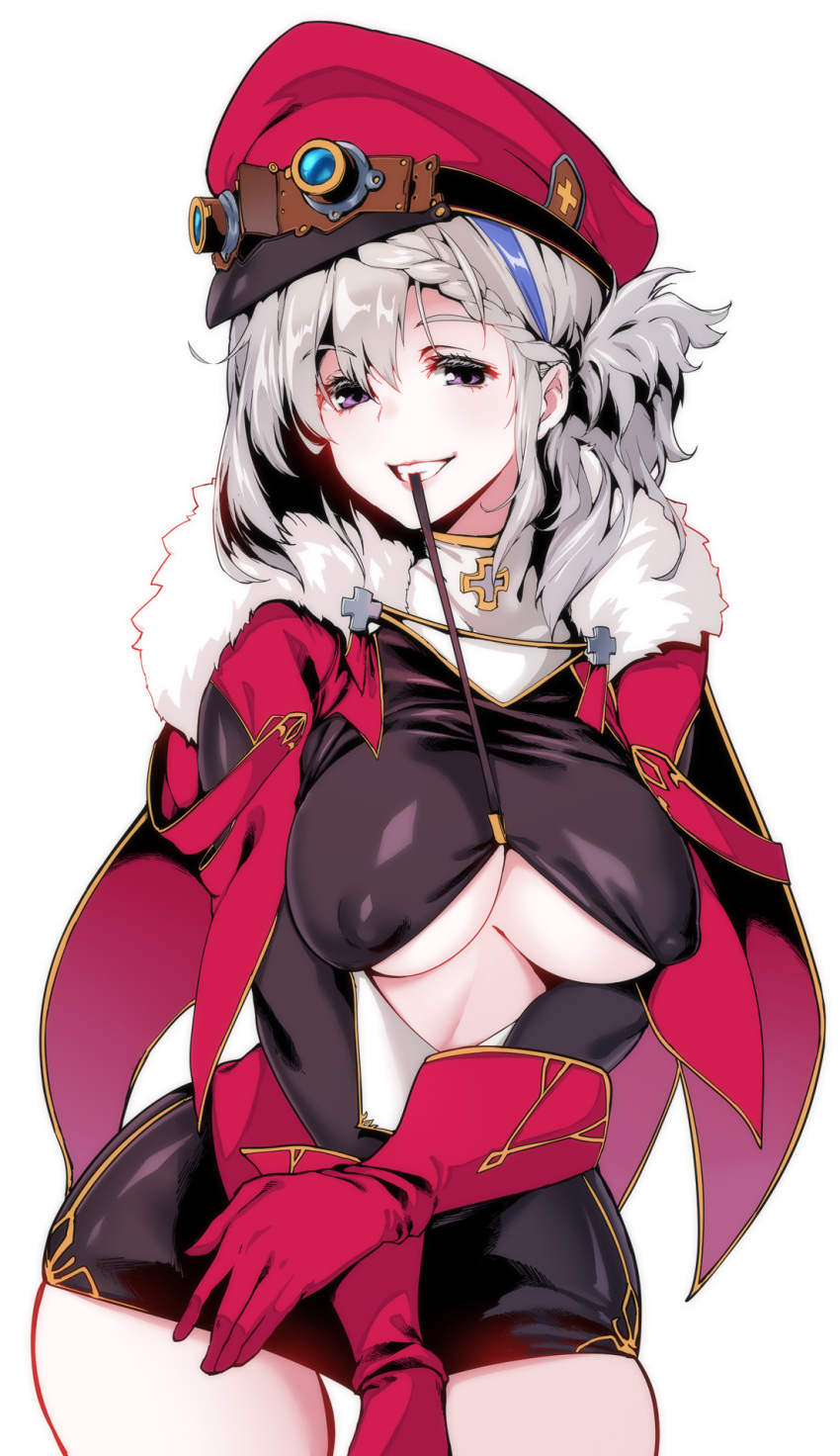 1girl alternate_costume blue_oath braid breasts cofepig eyebrows_visible_through_hair french_braid fur-trimmed_jacket fur_trim gloves graf_zeppelin_(blue_oath) grey_hair highres jacket long_hair looking_at_viewer medium_breasts multicolored_hair open_mouth red_gloves smile solo violet_eyes white_background