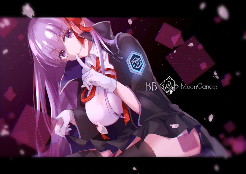 1girl bangs bb_(fate) bb_(fate)_(all) black_coat black_legwear black_skirt bow bowtie breasts character_profile coat collared_shirt eyebrows_visible_through_hair fate/grand_order fate_(series) from_side gloves hair_between_eyes hair_bow hair_strand hands_up head_tilt high_collar index_finger_raised large_breasts long_hair long_sleeves looking_at_viewer looking_to_the_side parted_lips petals pleated_skirt purple_hair red_bow red_neckwear shirt skirt smile solo thigh-highs thighs tsukioto violet_eyes white_gloves