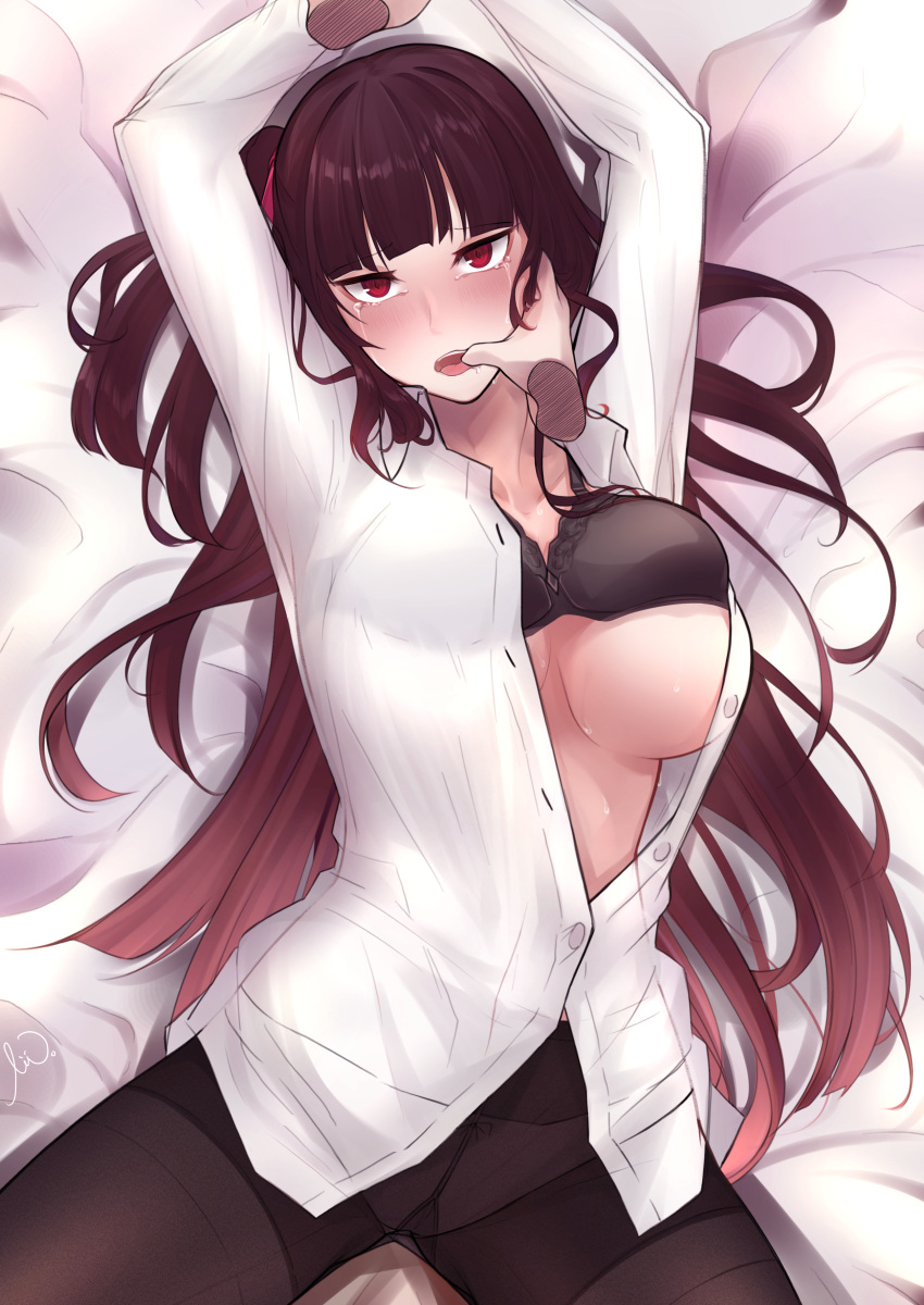 1girl absurdres bed black_bra black_legwear blush bra breasts commentary_request eyebrows_visible_through_hair girls_frontline hair_ribbon hands_up highres long_hair looking_at_viewer lying medium_breasts on_back open_clothes open_mouth open_shirt pantyhose purple_hair red_eyes red_ribbon ribbon shirt solo stigmamyu tears underwear wa2000_(girls_frontline) white_shirt