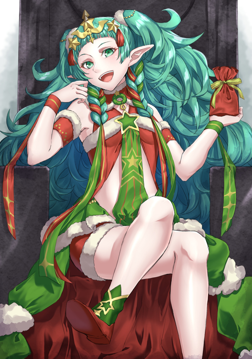 1girl :d arm_strap breasts crossed_legs fire_emblem fire_emblem:_three_houses floating_hair green_eyes green_hair hair_ribbon highres holding long_hair looking_at_viewer open_mouth pointy_ears red_footwear red_ribbon ribbon shinae shiny shiny_hair sitting small_breasts smile solo sothis_(fire_emblem) very_long_hair