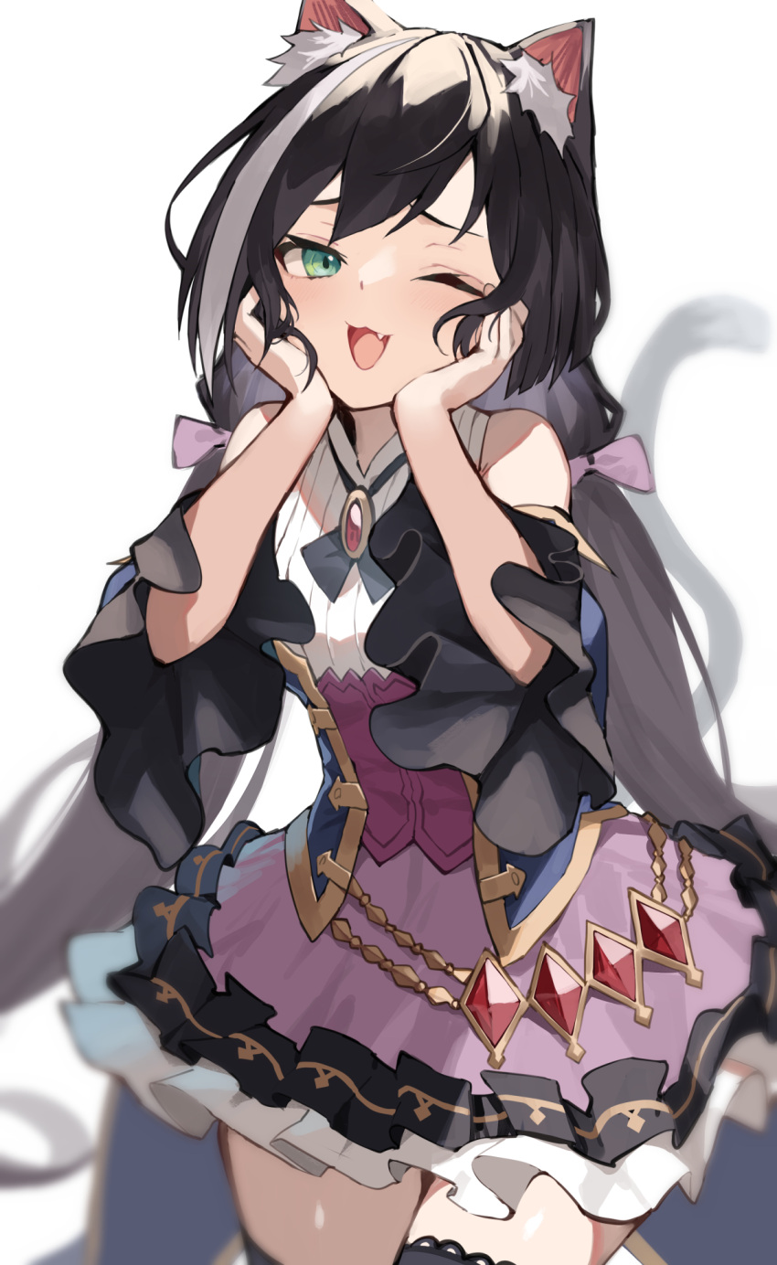 1girl ;3 ;d animal_ear_fluff animal_ears bangs black_hair blurry blush breasts brooch cat_ears cat_girl cat_tail depth_of_field detached_sleeves dress fang green_eyes hands_on_own_cheeks hands_on_own_face highres jewelry karyl_(princess_connect!) long_hair looking_at_viewer low_twintails multicolored_hair one_eye_closed open_mouth princess_connect! princess_connect!_re:dive sleeveless sleeveless_dress small_breasts smile streaked_hair tail thigh-highs twintails very_long_hair yuuuuu