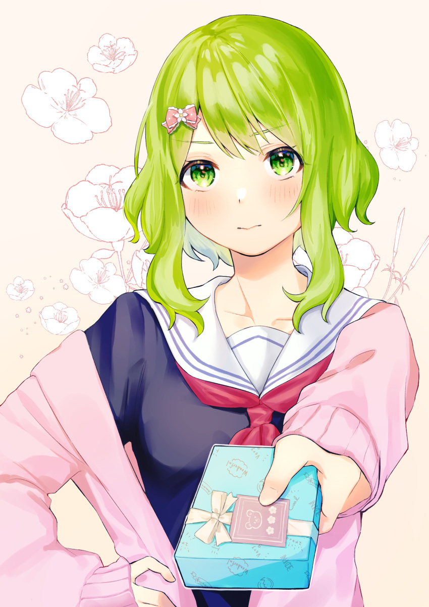 1girl absurdres bangs blue_shirt blush bow box brown_background cardigan closed_mouth collarbone commentary_request eyebrows_visible_through_hair floral_background gift gift_box green_eyes green_hair hair_bow hand_on_hip highres holding holding_gift long_sleeves looking_at_viewer morinaka_kazaki neckerchief nijisanji open_cardigan open_clothes pink_bow pink_cardigan red_neckwear sailor_collar school_uniform serafuku shirt simple_background sleeves_past_wrists solo tsumetsume_zerii upper_body virtual_youtuber white_sailor_collar