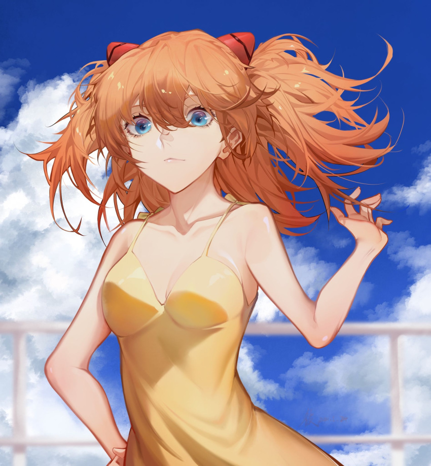 1girl bishiyuan blue_eyes blue_sky blurry breasts clouds depth_of_field dress floating_hair hair_between_eyes hand_on_hip highres interface_headset medium_breasts medium_hair neon_genesis_evangelion orange_hair railing shikinami_asuka_langley sky solo souryuu_asuka_langley sundress wide-eyed yellow_dress