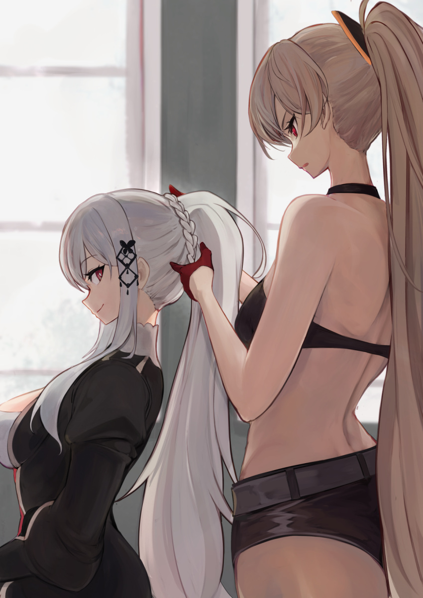 2girls azur_lane bangs belt braid brown_hair butterfly_hair_ornament commentary_request dunkerque_(azur_lane) eyebrows_visible_through_hair from_side frown gloves hair_ornament highres jacket jacket_removed jean_bart_(azur_lane) long_hair marshall_k multiple_girls ponytail red_eyes red_gloves short_shorts shorts shoulder_blades sidelocks silver_hair sitting smile tying_hair very_long_hair window