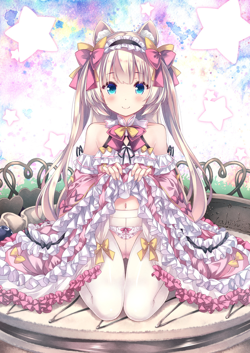 1girl animal_ear_fluff animal_ears bangs bare_shoulders blue_eyes blush bow bow_panties brown_bow brown_hair closed_mouth commentary_request detached_sleeves dress dress_lift eyebrows_visible_through_hair frilled_dress frills hair_bow highres lifted_by_self lolita_fashion long_hair long_sleeves looking_at_viewer navel original panties panties_under_pantyhose pantyhose pink_bow pink_dress pink_panties pink_sleeves ryo_(botugo) sitting smile solo sweet_lolita two_side_up underwear very_long_hair wariza white_legwear wide_sleeves