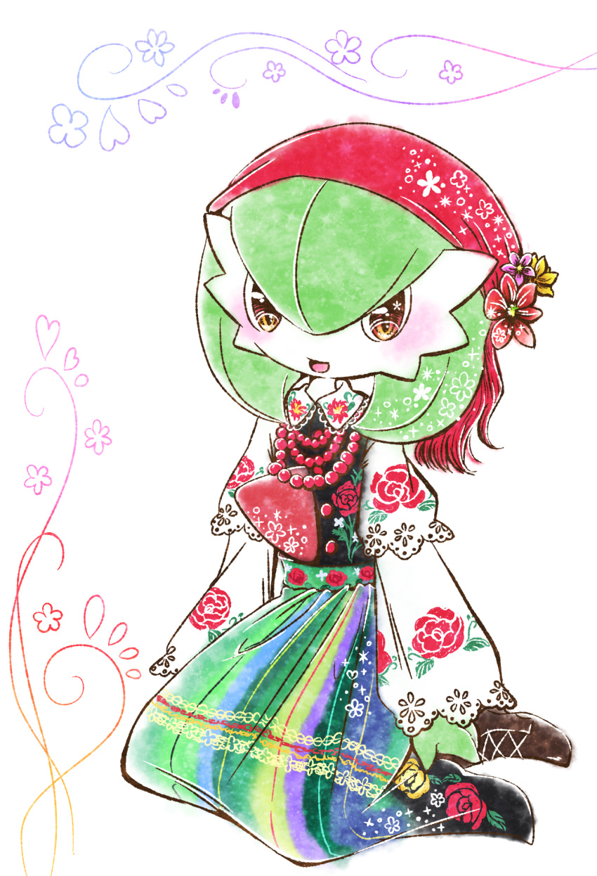 1girl alternate_eye_color bandana blush boots brown_footwear clothed_pokemon colored_skin commentary_request floral_print flower full_body gardevoir gen_3_pokemon green_hair green_skin hair_between_eyes happy heart highres jewelry kneeling long_sleeves looking_at_viewer muguet multicolored multicolored_clothes multicolored_shirt multicolored_skin multicolored_skirt necklace open_mouth orange_eyes pink_flower pokemon pokemon_(creature) red_flower short_hair sitting skirt smile solo two-tone_skin white_background white_skin yellow_flower