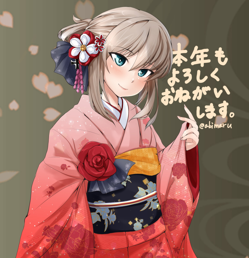 1girl abimaru_gup bangs black_bow blue_eyes bow closed_mouth commentary_request eyebrows_visible_through_hair floral_print flower girls_und_panzer hair_bow hair_flower hair_ornament hair_up head_tilt highres iron_cross itsumi_erika japanese_clothes kimono kotoyoro long_sleeves looking_at_viewer medium_hair new_year obi petals print_kimono red_flower red_kimono red_rose rose sash sidelocks silver_hair smile solo standing twitter_username wide_sleeves