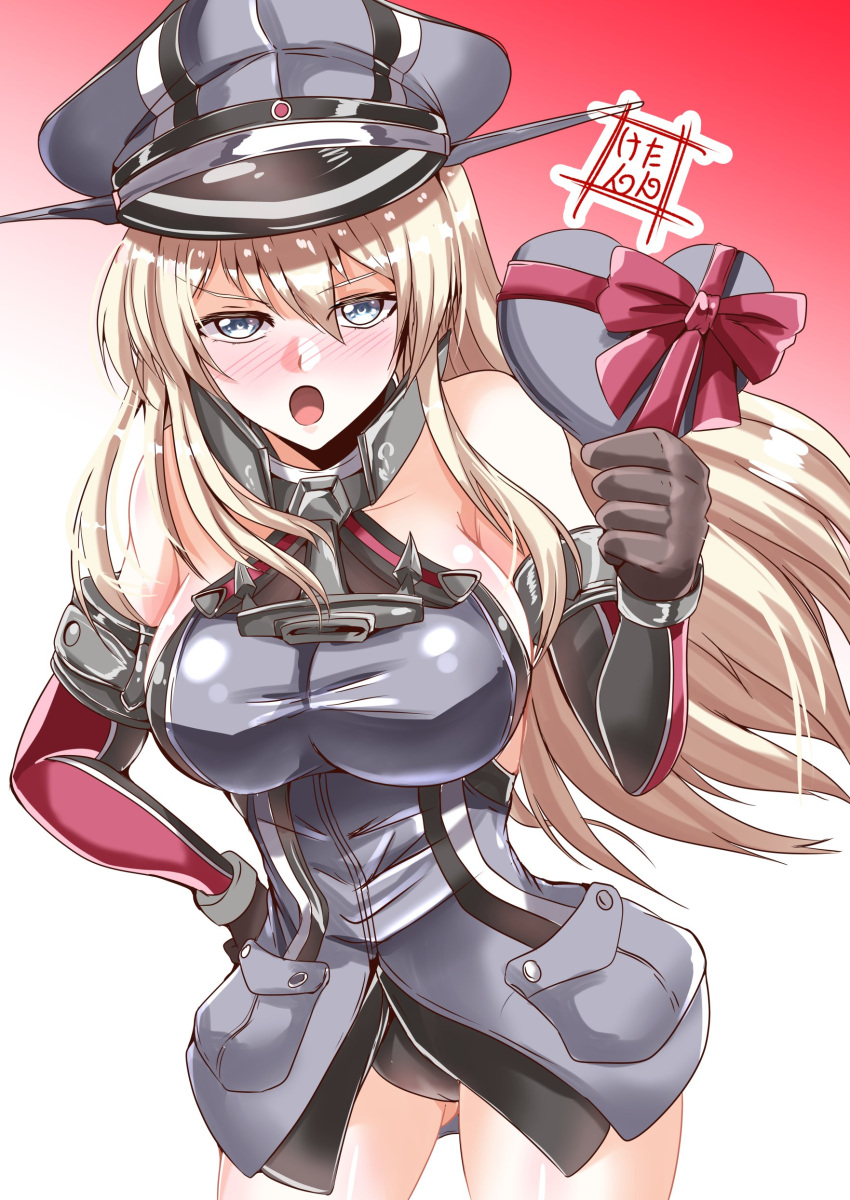 1girl absurdres anchor armor artist_logo bismarck_(kancolle) black_panties blonde_hair blue_eyes breastplate breasts brown_gloves commentary_request cowboy_shot detached_sleeves gift gloves gradient gradient_background grey_headwear hand_on_hip hat heart highres kantai_collection kentan_(kingtaiki) large_breasts looking_at_viewer military military_hat military_uniform open_mouth panties peaked_cap red_background solo standing thigh-highs underwear uniform white_background