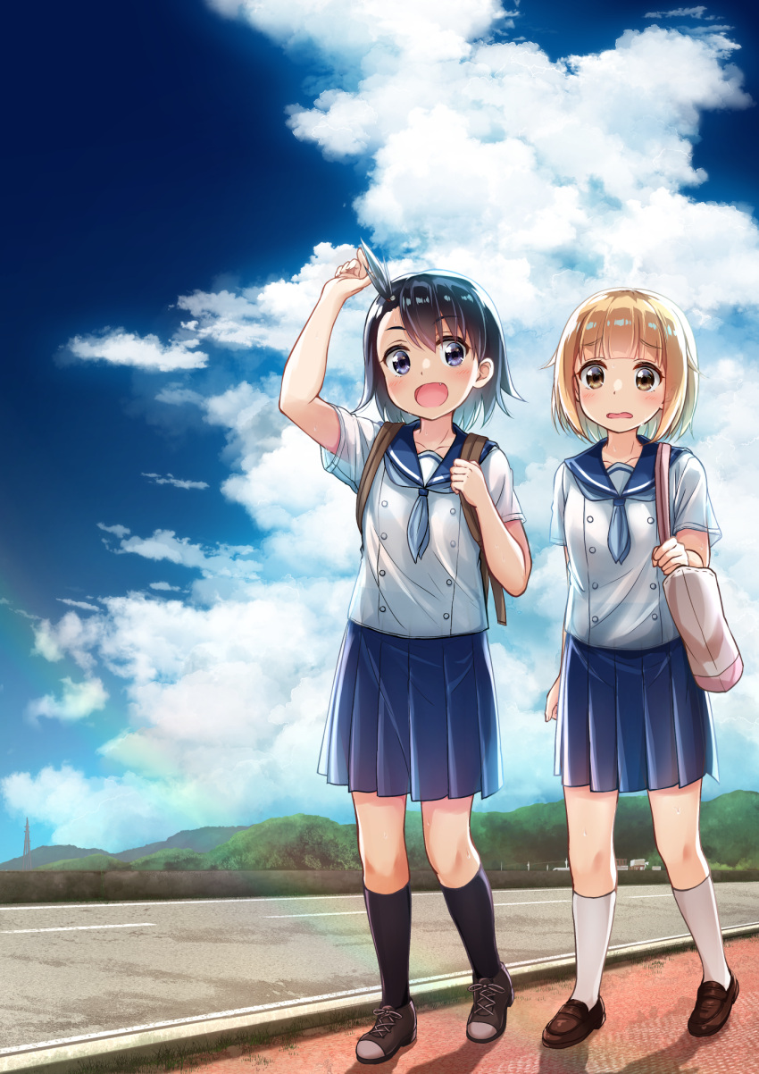 2girls :d backpack bag bangs black_hair black_legwear blue_eyes blue_neckwear blue_sailor_collar blue_skirt blue_sky blunt_bangs brown_eyes brown_footwear brown_hair building clouds commentary_request day eyebrows_visible_through_hair highres hodaka_natsumi houkago_teibou_nisshi kneehighs mountainous_horizon multiple_girls open_mouth outdoors pleated_skirt radio_tower road sailor_collar school_uniform serafuku shirt shoes short_hair shoulder_bag sidelocks sidewalk skirt sky smile sneakers summer tsurugi_hina uneune walking wavy_mouth white_legwear white_shirt