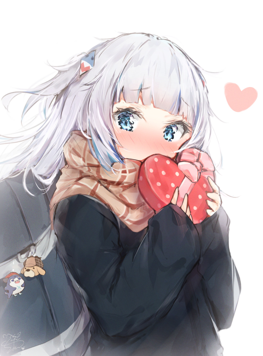 1girl bag bangs black_jacket bloom bloop_(gawr_gura) blue_eyes blunt_bangs blush bow box brown_scarf bubba_(watson_amelia) commentary eyebrows_visible_through_hair gawr_gura gift gift_box hair_ornament heart heart-shaped_box highres holding holding_box hololive hololive_english jacket long_hair looking_at_viewer multicolored_hair nose_blush pink_bow plaid plaid_scarf scarf seboneko shark_hair_ornament shoulder_bag silver_hair simple_background sleeves_past_wrists solo streaked_hair two_side_up upper_body valentine virtual_youtuber white_background