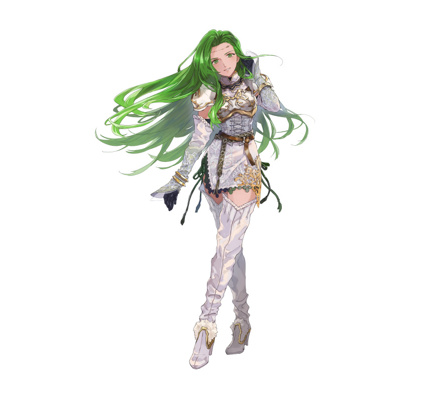 1girl absurdres annand_(fire_emblem) armor bangs belt black_gloves boots breastplate circlet commentary_request dress elbow_gloves fire_emblem fire_emblem:_genealogy_of_the_holy_war fire_emblem_heroes full_body gloves green_eyes green_hair high_heels highres jewelry long_hair looking_at_viewer mayo_(becky2006) official_art parted_lips shiny shiny_hair short_dress shoulder_armor simple_background sleeveless smile solo standing thigh-highs thigh_boots white_background white_dress zettai_ryouiki