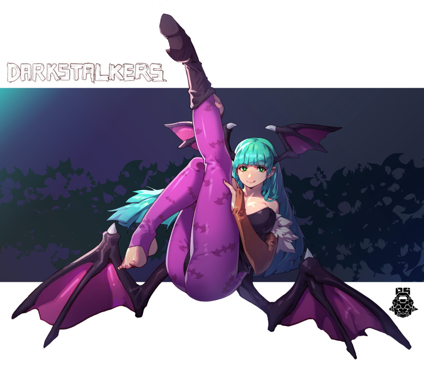 1girl absurdres bangs barefoot blue_eyes blunt_bangs boots breasts copyright_name demon_girl demon_wings donghyun_shin floating head_wings high_heel_boots high_heels highres large_breasts leg_up licking_lips long_hair morrigan_aensland single_boot smile solo tongue tongue_out vampire_(game) wings