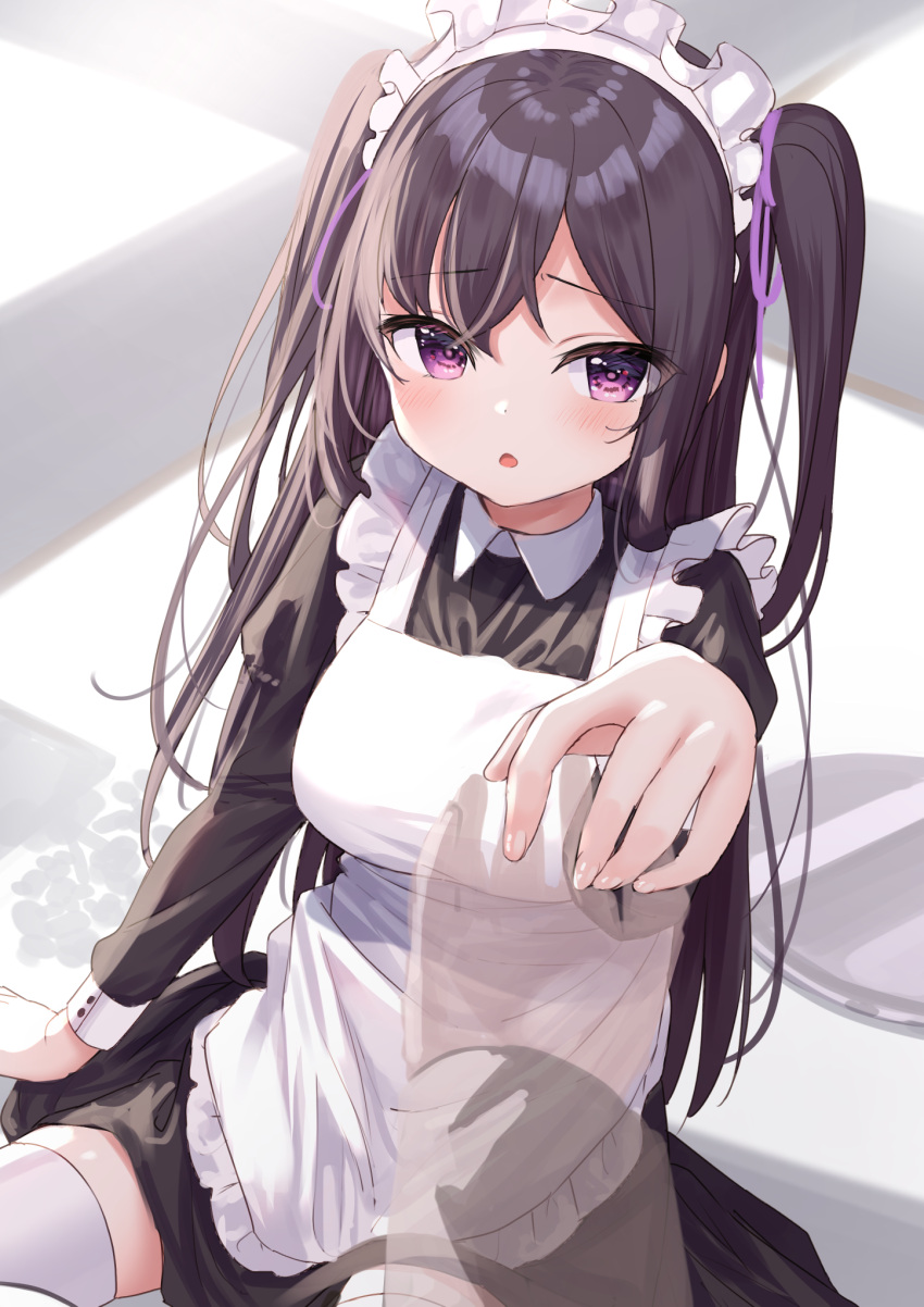1girl :o apron bangs black_dress black_hair blush breasts commentary_request dress eyebrows_visible_through_hair fallen_down frilled_apron frills hair_between_eyes hair_ribbon highres juliet_sleeves long_hair long_sleeves looking_at_viewer maid maid_apron maid_headdress medium_breasts on_floor original outstretched_arm parted_lips puffy_sleeves purple_ribbon ribbon sitting solo_focus thigh-highs tray tsukiman two_side_up very_long_hair violet_eyes white_apron white_legwear x-ray