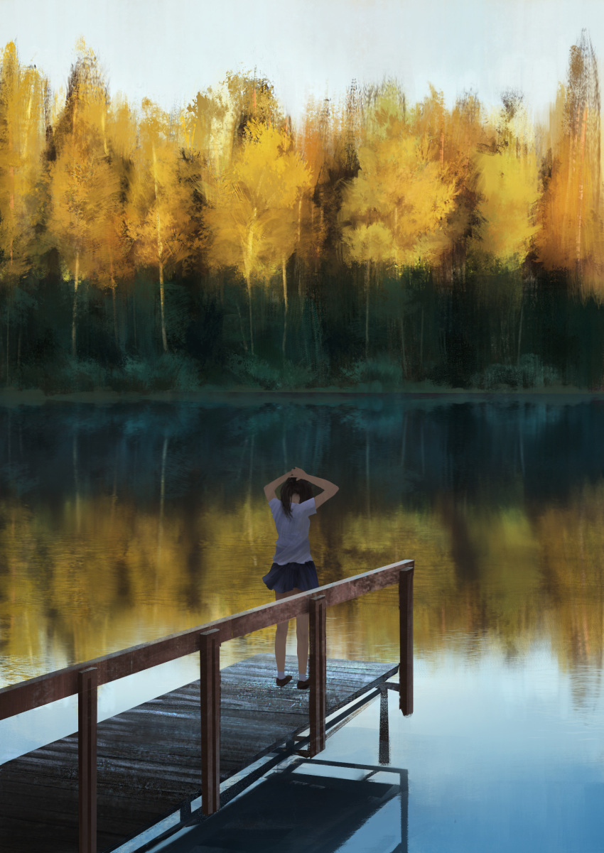 1girl absurdres anoc autumn black_hair dock from_behind highres lake letterboxed long_hair original outdoors pleated_skirt ponytail railing reflection scenery school_uniform skirt sky solo tying_hair