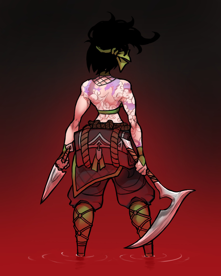 1girl absurdres akali akali_(redesign) arm_tattoo babo back back_tattoo bag baggy_pants black_hair breasts dragon_tattoo dual_wielding from_behind green_hairband hairband halter_top halterneck highres holding holding_weapon kama_(weapon) kunai league_of_legends long_hair medium_breasts narrow_waist ninja pants pool_of_blood redesign rope_belt sickle solo standing tattoo updo weapon