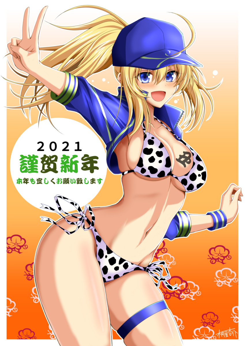 1girl 2021 :d animal_print artist_name artoria_pendragon_(all) baseball_cap bikini blonde_hair blue_eyes blue_headwear blue_jacket breast_tattoo breasts chinese_zodiac commentary cow_print cowboy_shot fate/grand_order fate_(series) floral_background gradient gradient_background hair_through_headwear happy_new_year hat highres jacket kiriya_(aprikose_0312) kotoyoro large_breasts long_hair long_sleeves looking_at_viewer mysterious_heroine_xx_(fate) navel new_year open_mouth orange_background outline ponytail print_bikini shrug_(clothing) side-tie_bikini sidelocks signature skindentation smile solo standing swimsuit tattoo translated v white_bikini white_outline wristband year_of_the_ox