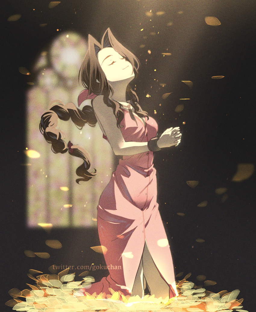 1girl aerith_gainsborough bow bracelet braid braided_ponytail brown_hair dress drill_hair final_fantasy final_fantasy_vii goku-chan hair_bow hands_together head_back highres jewelry light_rays petals pink_dress praying sleeveless sleeveless_dress smile solo stained_glass sunlight twin_drills window