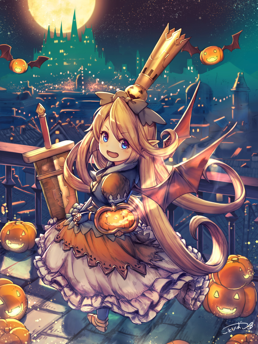 1girl :d absurdres bat_wings blue_gloves blush bow castle charlotta_fenia city_lights cityscape commentary crown from_side gloves granblue_fantasy grey_bow hair_bow halloween halloween_costume hat highres jack-o'-lantern kotoribako looking_at_viewer looking_to_the_side night night_sky open_mouth railing romaji_commentary scenery signature skirt sky smile solo standing sword weapon white_skirt wings