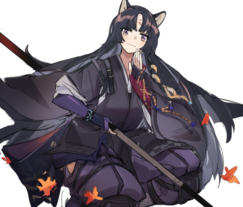 1girl animal_ears arknights bangs beads black_hair black_kimono blush breasts closed_mouth commentary cowboy_shot dog_ears elbow_gloves eyebrows_visible_through_hair facial_mark fingerless_gloves floating_hair forehead_mark gloves highres holding holding_weapon infection_monitor_(arknights) japanese_clothes kimono leaf long_hair looking_at_viewer medium_breasts pants parted_bangs polearm prayer_beads purple_gloves purple_pants saga_(arknights) simple_background smile solo straight_hair violet_eyes weapon white_background yurooe