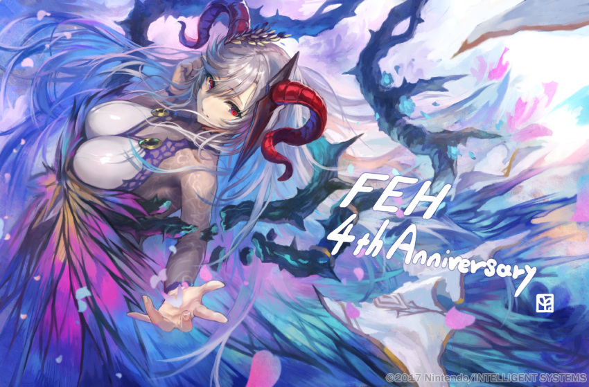 1girl bangs breasts curled_horns dress eyebrows_visible_through_hair fire_emblem fire_emblem_heroes freyja_(fire_emblem) goat_horns hair_ornament horns large_breasts looking_at_viewer multicolored_hair outstretched_arm petals plant red_eyes silver_hair two-tone_hair vines yoshiku_(oden-usagi)