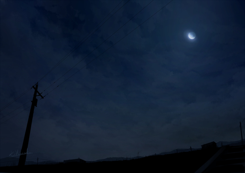 alu.m_(alpcmas) clouds cloudy_sky dark from_below hill house moon moonlight night night_sky no_humans original outdoors power_lines rural scenery signature sky stairs star_(sky) starry_sky utility_pole