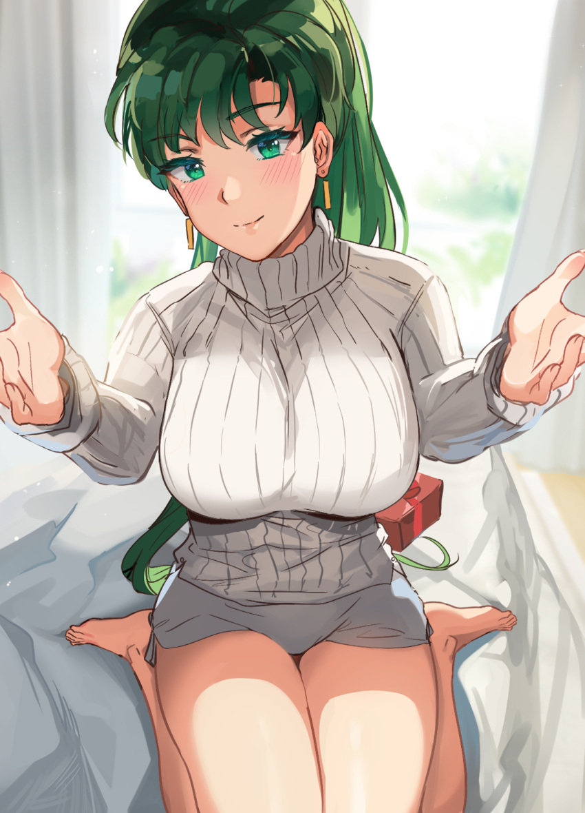 1girl asymmetrical_bangs bangs blush box breasts earrings fire_emblem fire_emblem:_the_blazing_blade gift gift_box green_eyes green_hair high_ponytail highres jewelry large_breasts long_hair long_sleeves looking_at_viewer lyn_(fire_emblem) ormille outstretched_arms ponytail ribbed_sweater sitting smile sweater thighs turtleneck turtleneck_sweater wariza white_sweater