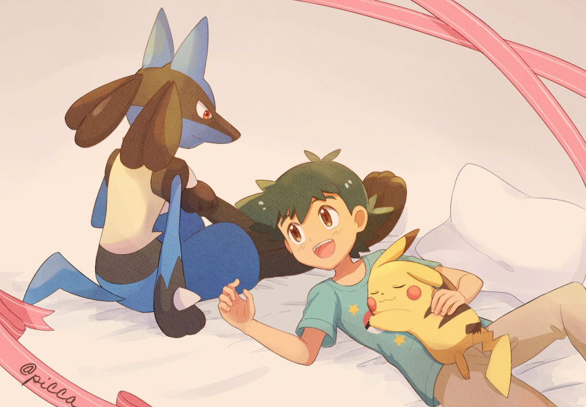1boy ash_ketchum bangs brown_eyes commentary_request gen_1_pokemon gen_4_pokemon green_hair green_shirt highres looking_to_the_side lucario lying male_focus mei_(maysroom) on_back open_mouth pants pikachu pillow poke_ball_print pokemon pokemon_(anime) pokemon_(creature) pokemon_swsh_(anime) shirt short_hair short_sleeves signature smile t-shirt teeth tongue