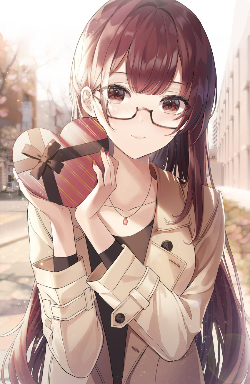 1girl bangs black_skirt blurry blurry_background box brown_eyes brown_hair brown_jacket building closed_mouth collarbone glasses heart-shaped_box highres holding holding_box jacket jewelry long_hair long_sleeves looking_at_viewer necklace original outdoors road shirt skirt sky smile solo street tree yuna_(deadawon)
