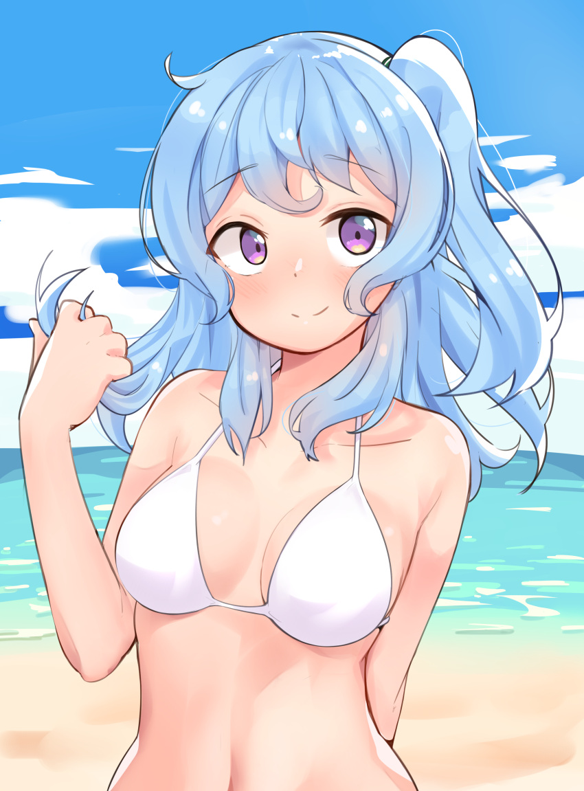 1girl absurdres arms_behind_back bang_dream! bangs beach bikini bikini_top blue_hair blush breasts closed_mouth clouds day eyebrows_visible_through_hair hair_twirling halter_top halterneck highres looking_at_viewer matsubara_kanon medium_breasts medium_hair navel ocean one_side_up outdoors rustysalmon sidelocks sky smile solo stomach swimsuit upper_body violet_eyes white_bikini