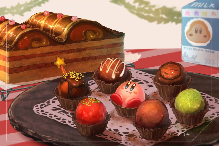 blue_eyes cake chocolate food highres kirby kirby_(series) licking_lips looking_up milk_carton plate sakatani_yen star_rod table tongue tongue_out truffle