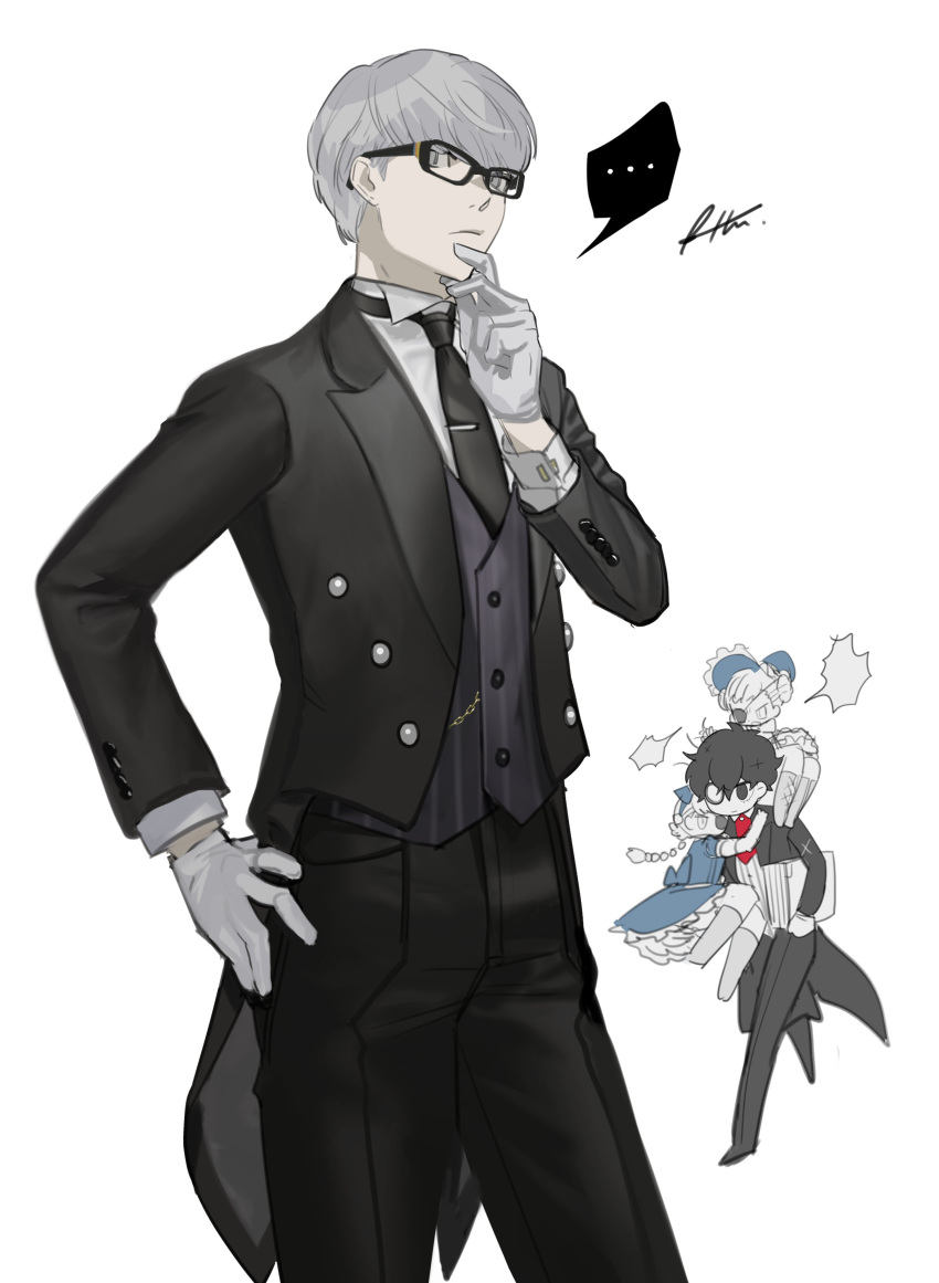 ... 2boys 2girls absurdres alternate_costume bangs black_jacket black_neckwear black_pants braid btmr_game butler caroline_(persona_5) carrying formal glasses gloves hand_on_hip highres jacket justine_(persona_5) long_sleeves monocle multiple_boys multiple_girls narukami_yuu necktie pants persona persona_4 persona_5 red_neckwear signature silver_hair simple_background spoken_ellipsis white_background white_gloves