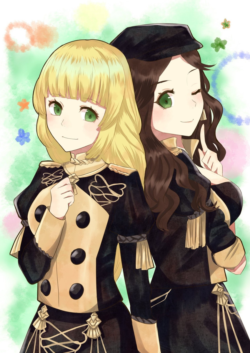 2girls bangs black_headwear black_jacket black_skirt blonde_hair blunt_bangs breasts brown_hair cabbie_hat commentary_request dorothea_arnault eyebrows_visible_through_hair fire_emblem fire_emblem:_three_houses garreg_mach_monastery_uniform green_eyes hand_up hat highres index_finger_raised ingrid_brandl_galatea jacket juliet_sleeves large_breasts long_hair long_sleeves looking_at_viewer multiple_girls otokajife puffy_sleeves skirt skirt_set smile upper_body