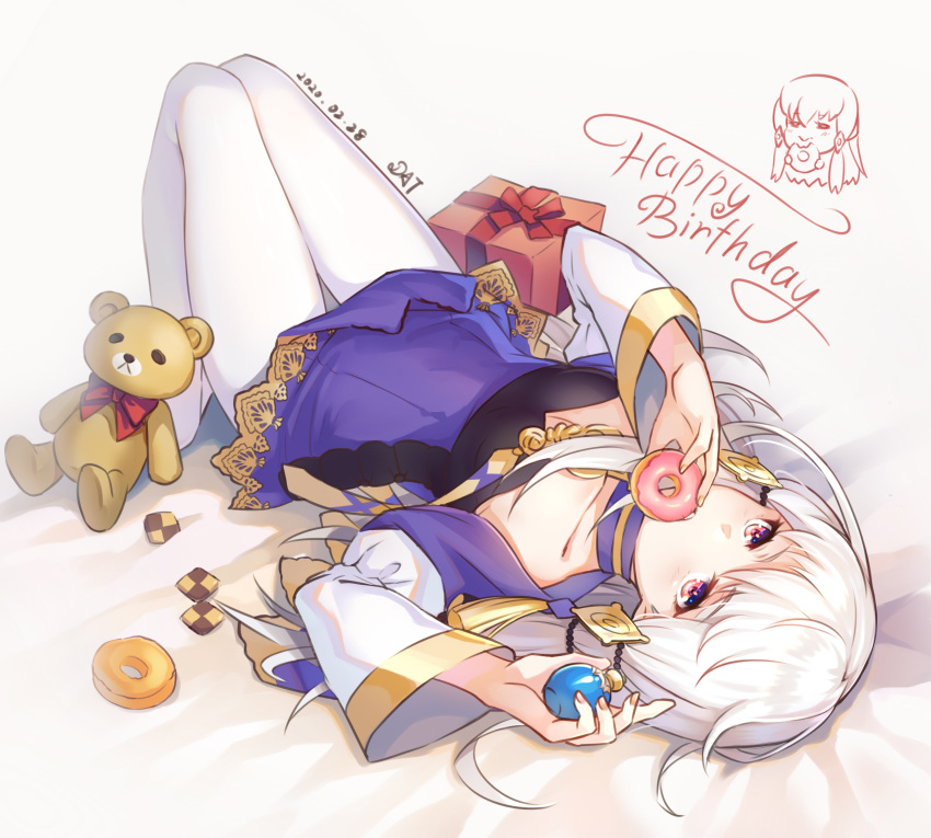 1girl absurdres artist_name box checkerboard_cookie chinese_commentary commentary_request cookie da-cart dated doughnut dress eating fire_emblem fire_emblem:_three_houses food gift gift_box hair_ornament happy_birthday highres holding holding_food knees_up long_hair long_sleeves lying lysithea_von_ordelia on_back pantyhose pink_eyes purple_dress short_dress signature silver_hair solo stuffed_animal stuffed_toy teddy_bear white_hair white_legwear