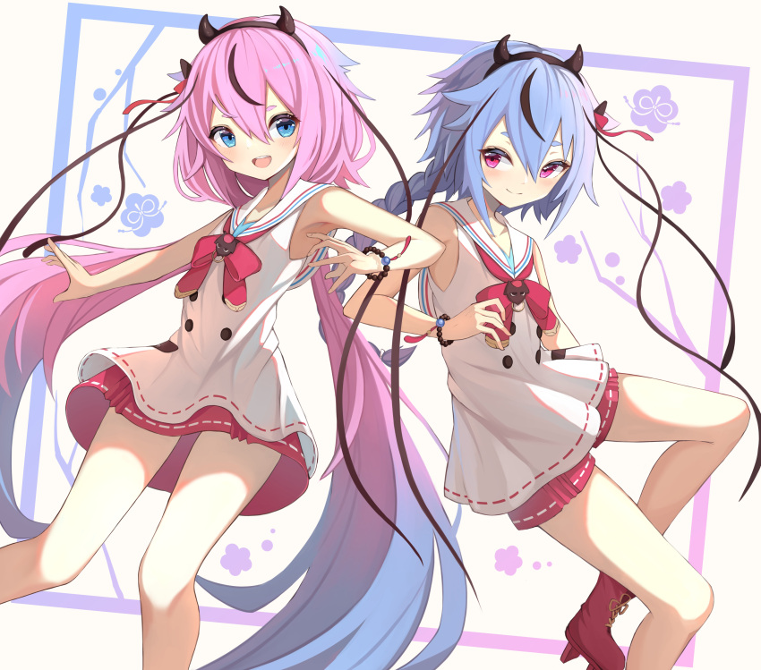 2others absurdres blue_eyes blue_hair boots bow bowtie bracelet braid collar collared_shirt commentary feet_out_of_frame gradient_hair gynoid_talk hair_flaps hair_ribbon hairband hakama_pants hakama_skirt hako_momiji highres horns japanese_clothes jewelry long_hair looking_at_another meika_hime meika_mikoto miniskirt multicolored_hair multiple_others pink_eyes pink_hair red_bow red_shorts red_skirt ribbon sailor_collar school_uniform shirt short_shorts shorts side-by-side skirt smile twintails very_long_hair vocaloid white_collar white_shirt